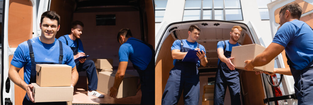 Mitarbeiter tragen und prüfen Kartons aus einem Lieferwagen